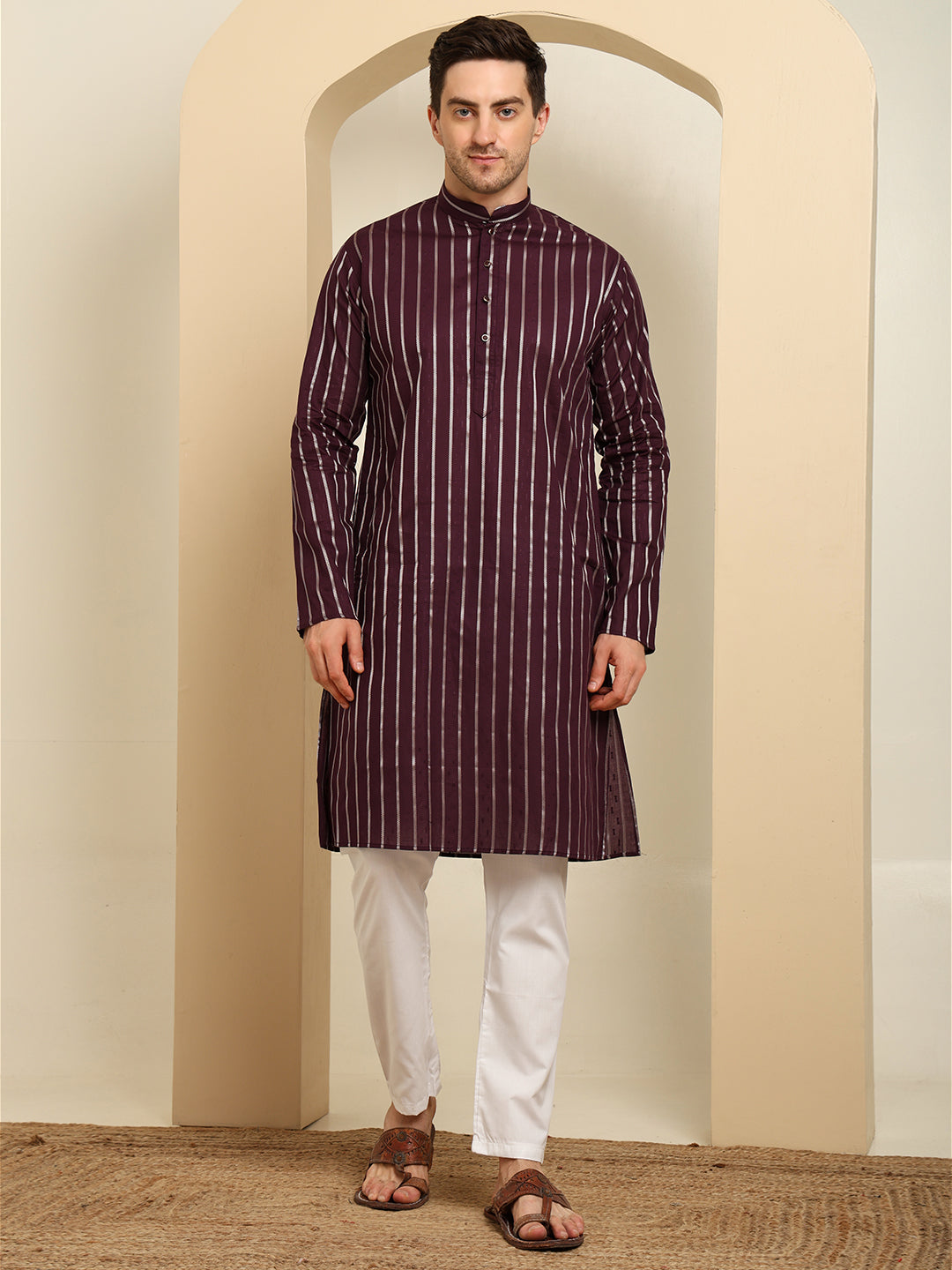 Violet Striped Cotton Kurta Pajama Set – Classic Ethnic Elegance