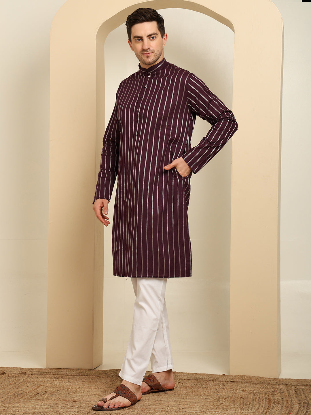 Violet Striped Cotton Kurta Pajama Set – Classic Ethnic Elegance