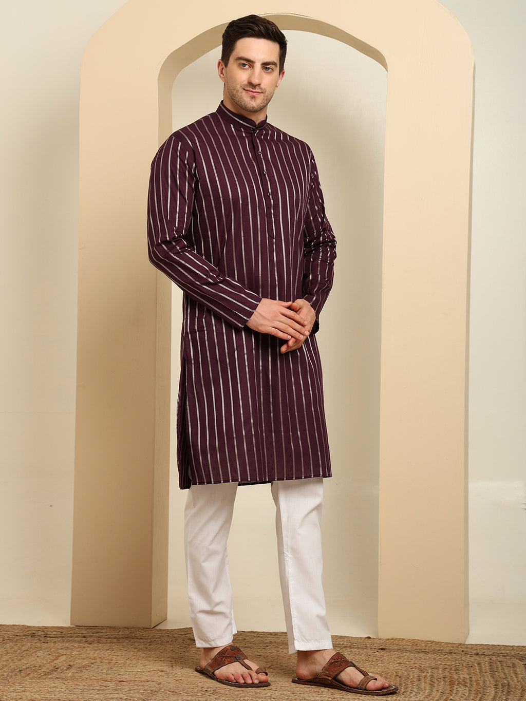 Violet Striped Cotton Kurta Pajama Set – Classic Ethnic Elegance