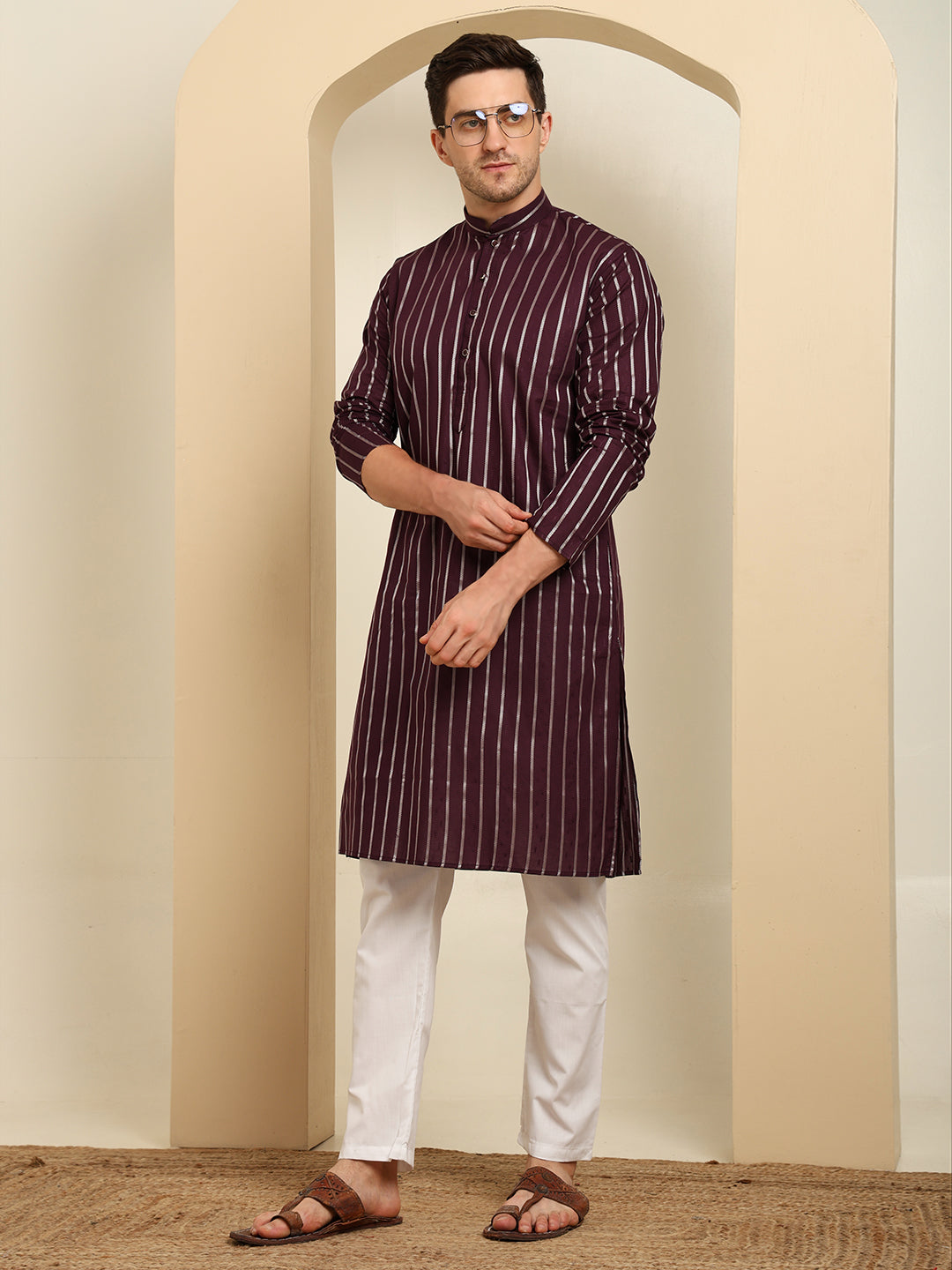 Violet Striped Cotton Kurta Pajama Set – Classic Ethnic Elegance