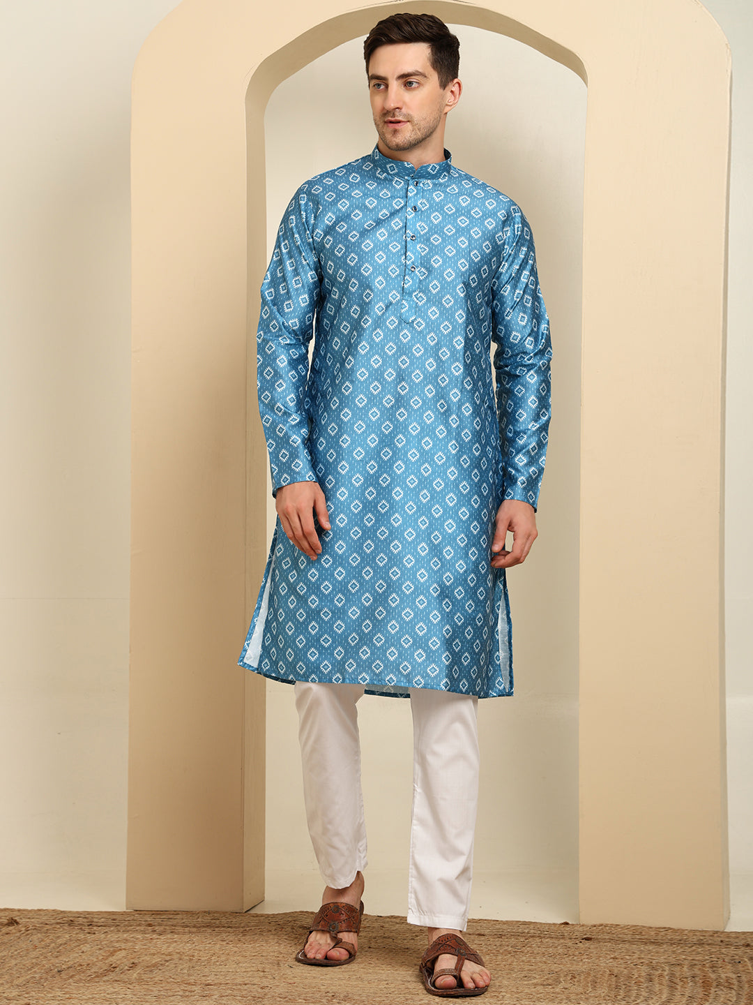 Blue & White Royal Silk Delight Printed Kurta Pajama Set For Men – Festive & Wedding Ethnic Wear