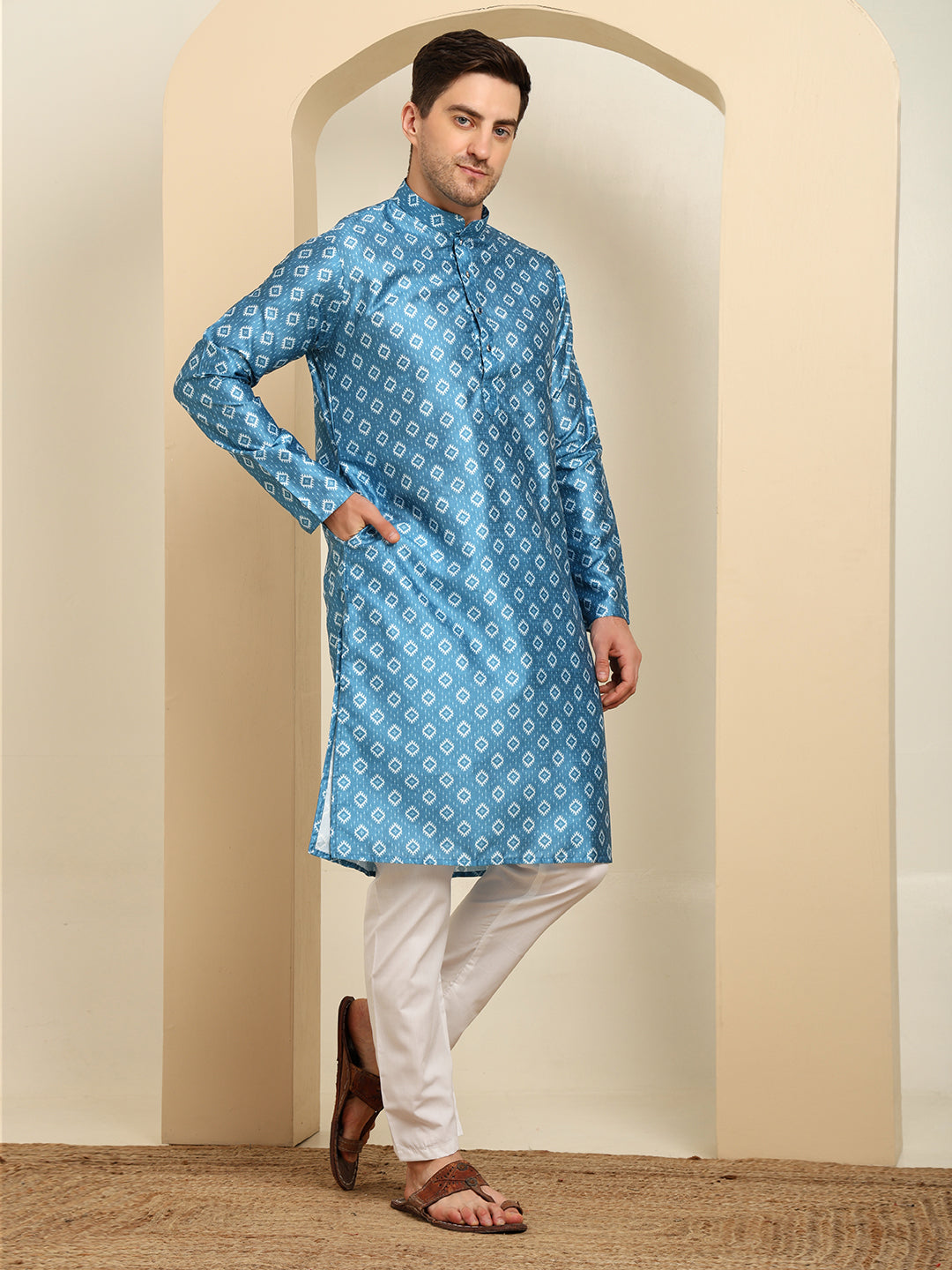 Blue & White Royal Silk Delight Printed Kurta Pajama Set For Men – Festive & Wedding Ethnic Wear
