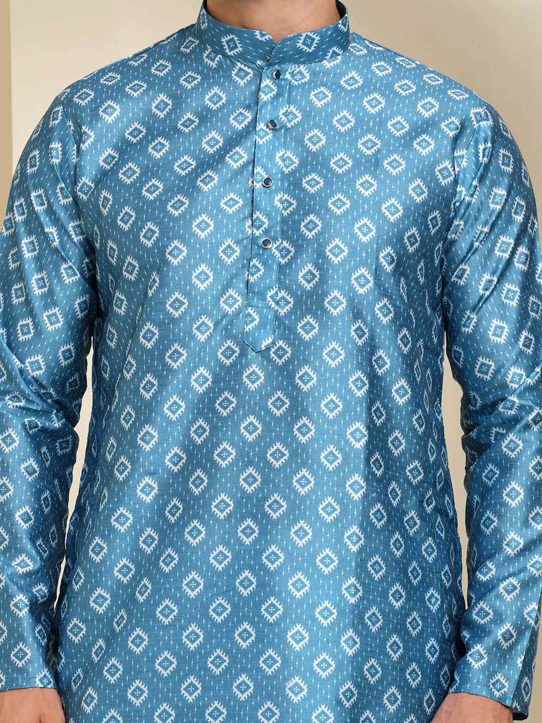 Blue & White Royal Silk Delight Printed Kurta Pajama Set For Men – Festive & Wedding Ethnic Wear