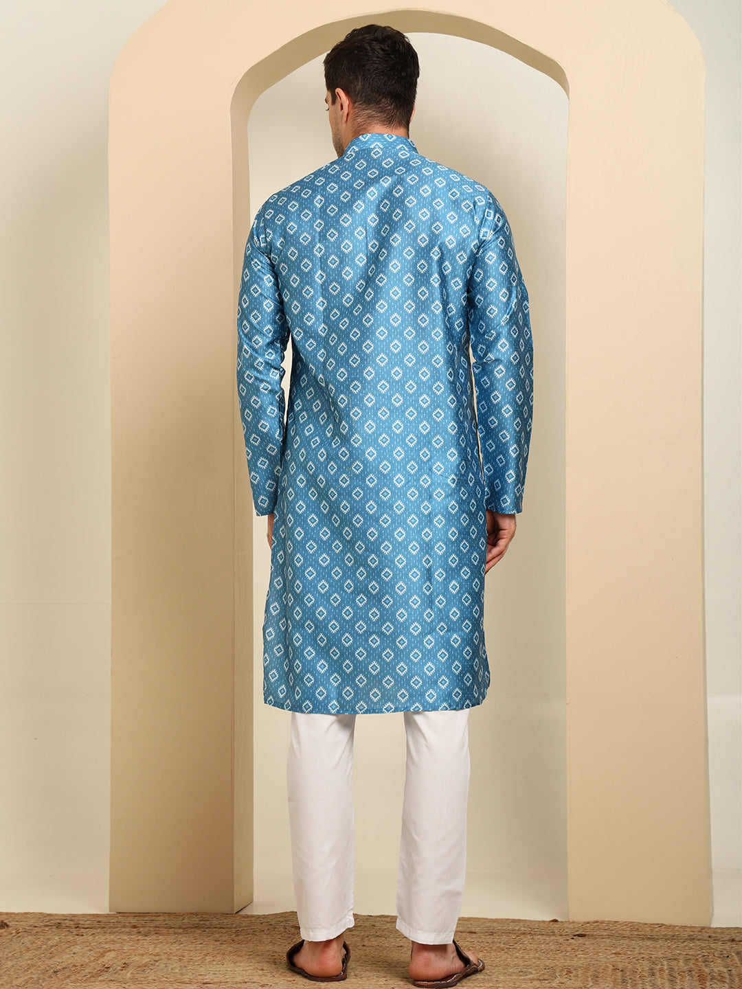 Blue & White Royal Silk Delight Printed Kurta Pajama Set For Men – Festive & Wedding Ethnic Wear