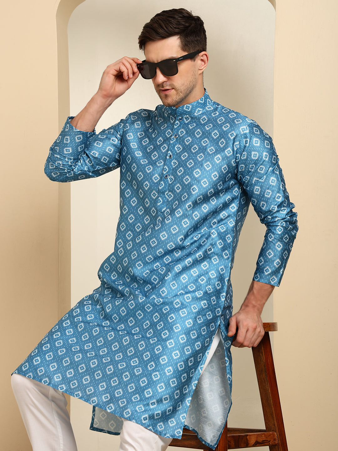 Blue & White Royal Silk Delight Printed Kurta Pajama Set For Men – Festive & Wedding Ethnic Wear