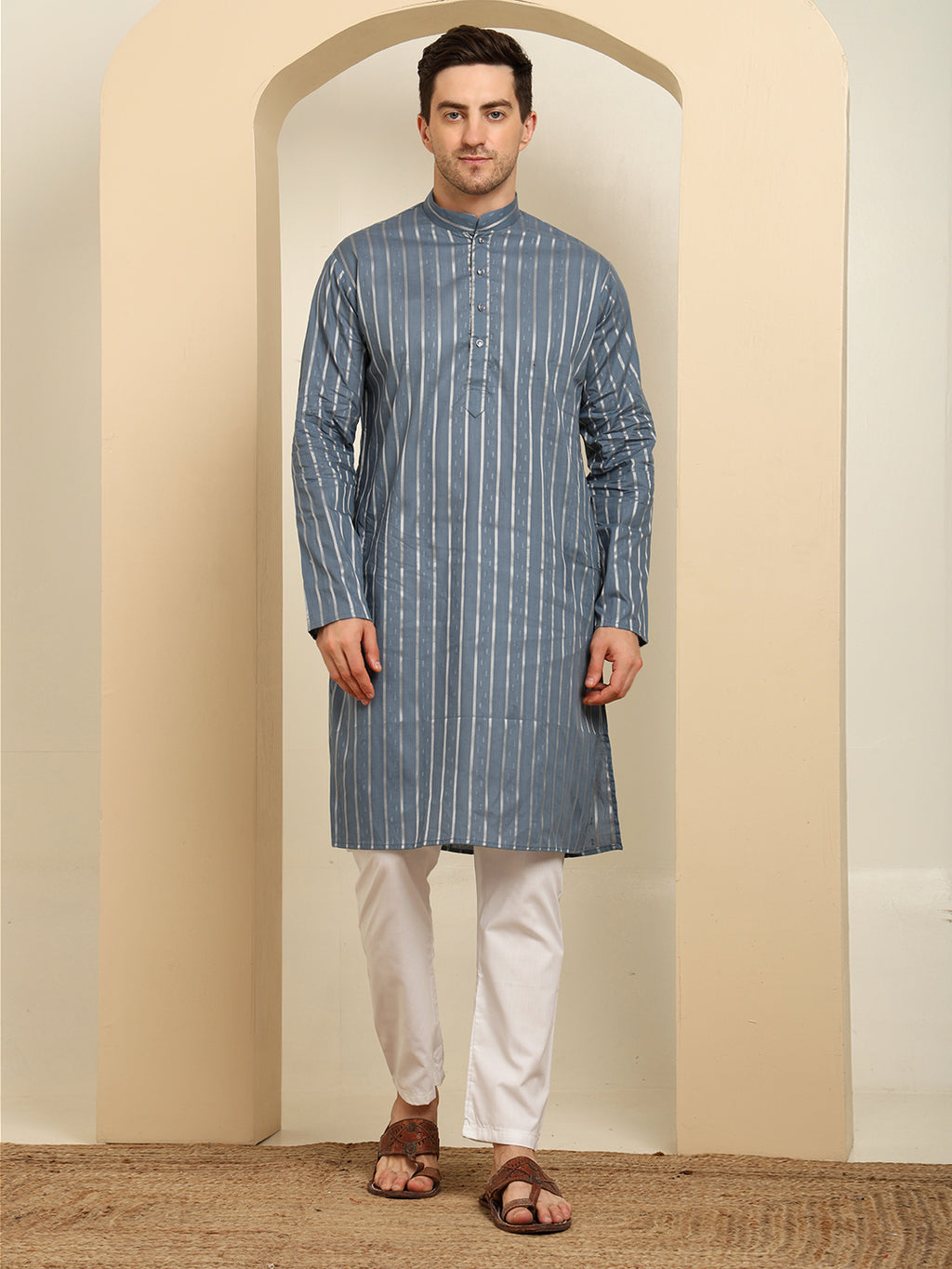 Slate Blue Striped Cotton Blend Kurta Pajama Set – Classic Minimal Design