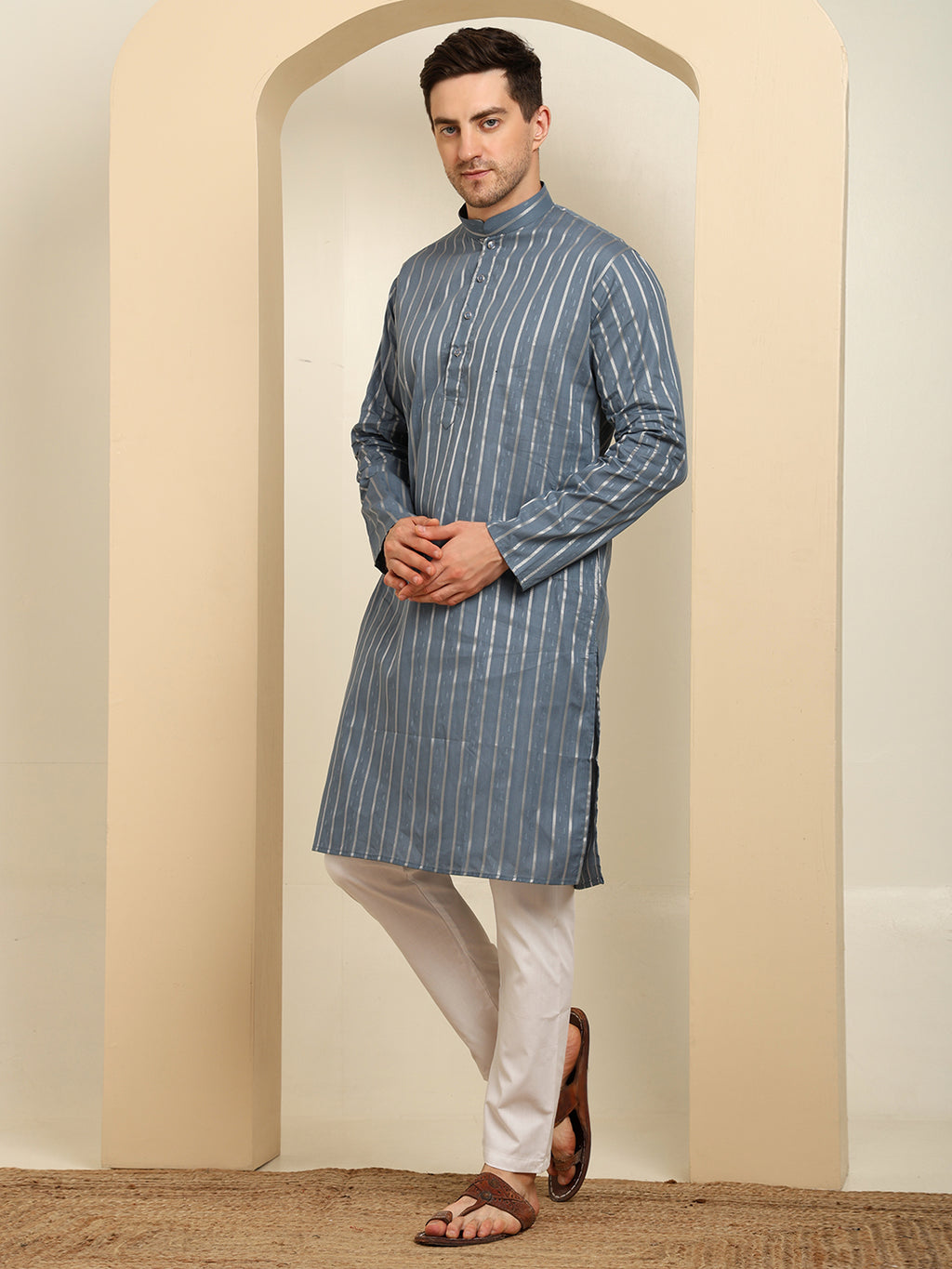 Slate Blue Striped Cotton Blend Kurta Pajama Set – Classic Minimal Design