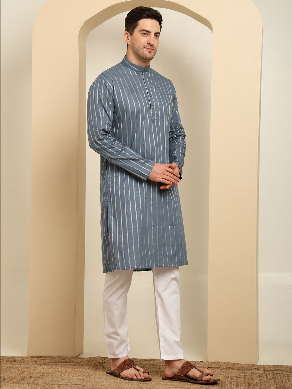 Slate Blue Striped Cotton Blend Kurta Pajama Set – Classic Minimal Design