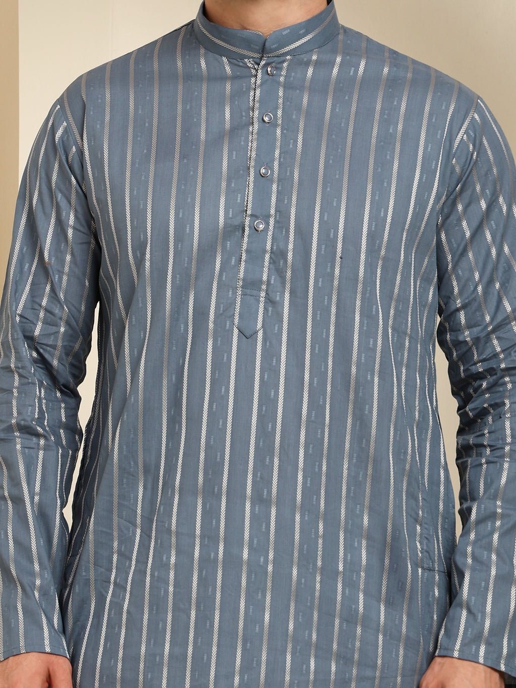 Slate Blue Striped Cotton Blend Kurta Pajama Set – Classic Minimal Design