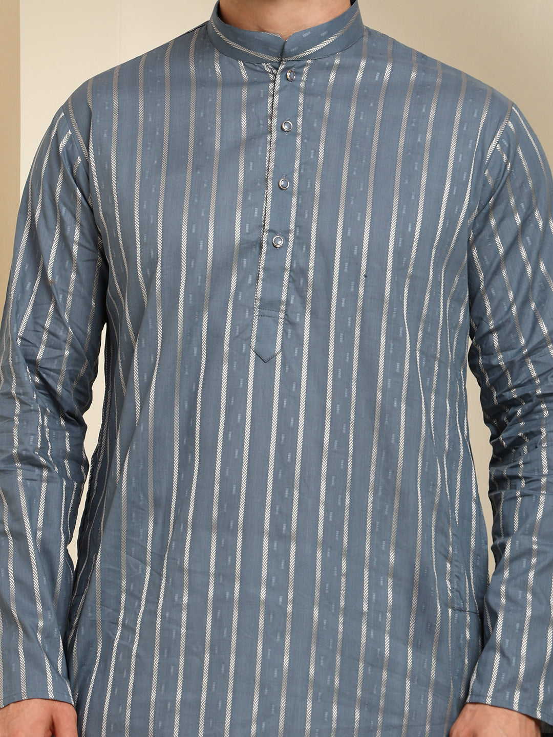 Slate Blue Striped Cotton Blend Kurta Pajama Set – Classic Minimal Design