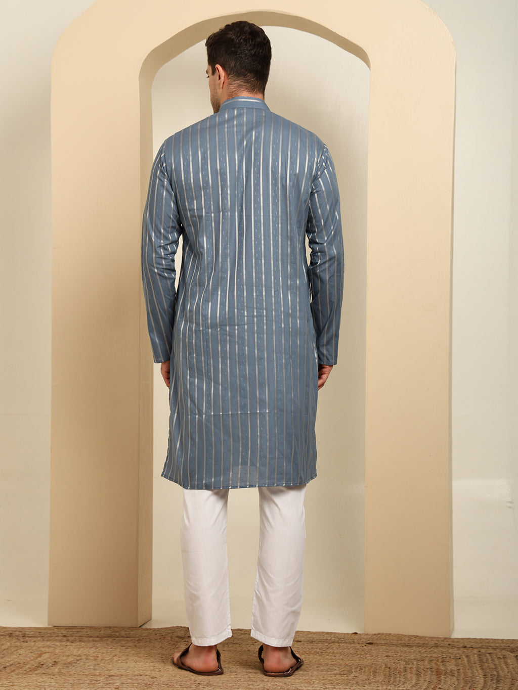Slate Blue Striped Cotton Blend Kurta Pajama Set – Classic Minimal Design