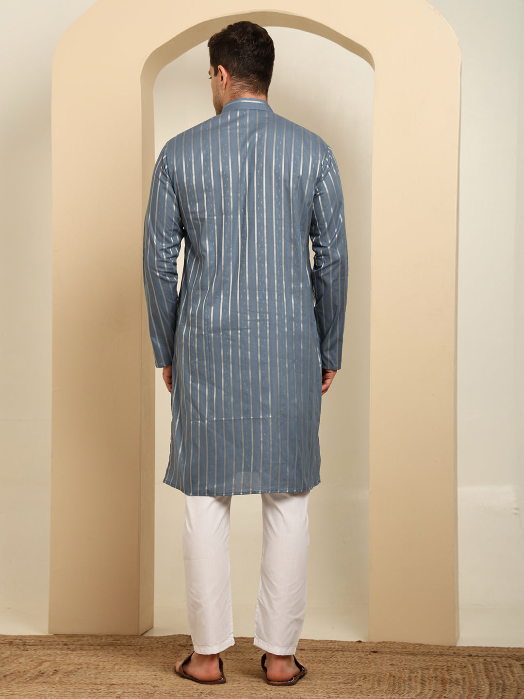 Slate Blue Striped Cotton Blend Kurta Pajama Set – Classic Minimal Design