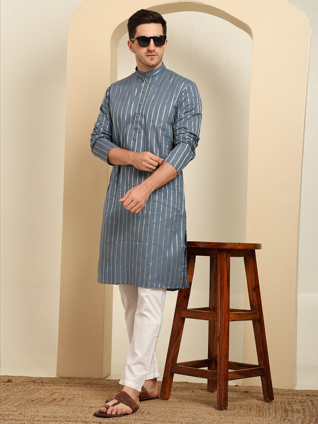 Slate Blue Striped Cotton Blend Kurta Pajama Set – Classic Minimal Design
