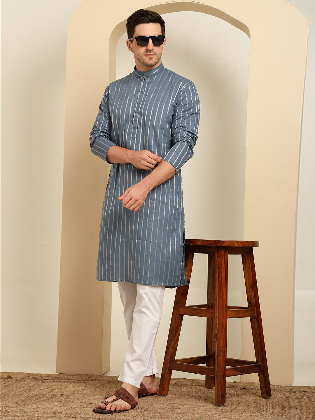Slate Blue Striped Cotton Blend Kurta Pajama Set – Classic Minimal Design
