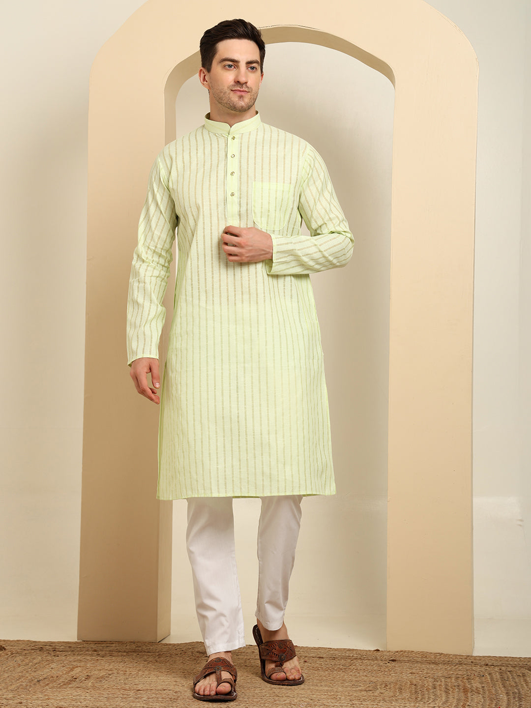 Green Striped Cotton Kurta with White Pajama – Classic Ethnic Wear Set