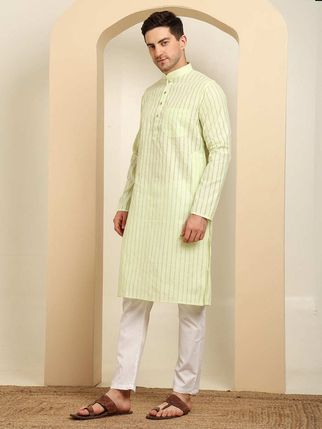 Green Striped Cotton Kurta with White Pajama – Classic Ethnic Wear Set