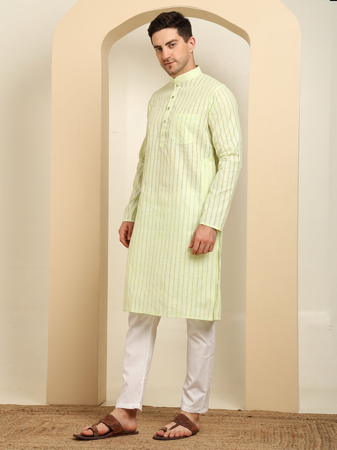Green Striped Cotton Kurta with White Pajama – Classic Ethnic Wear Set