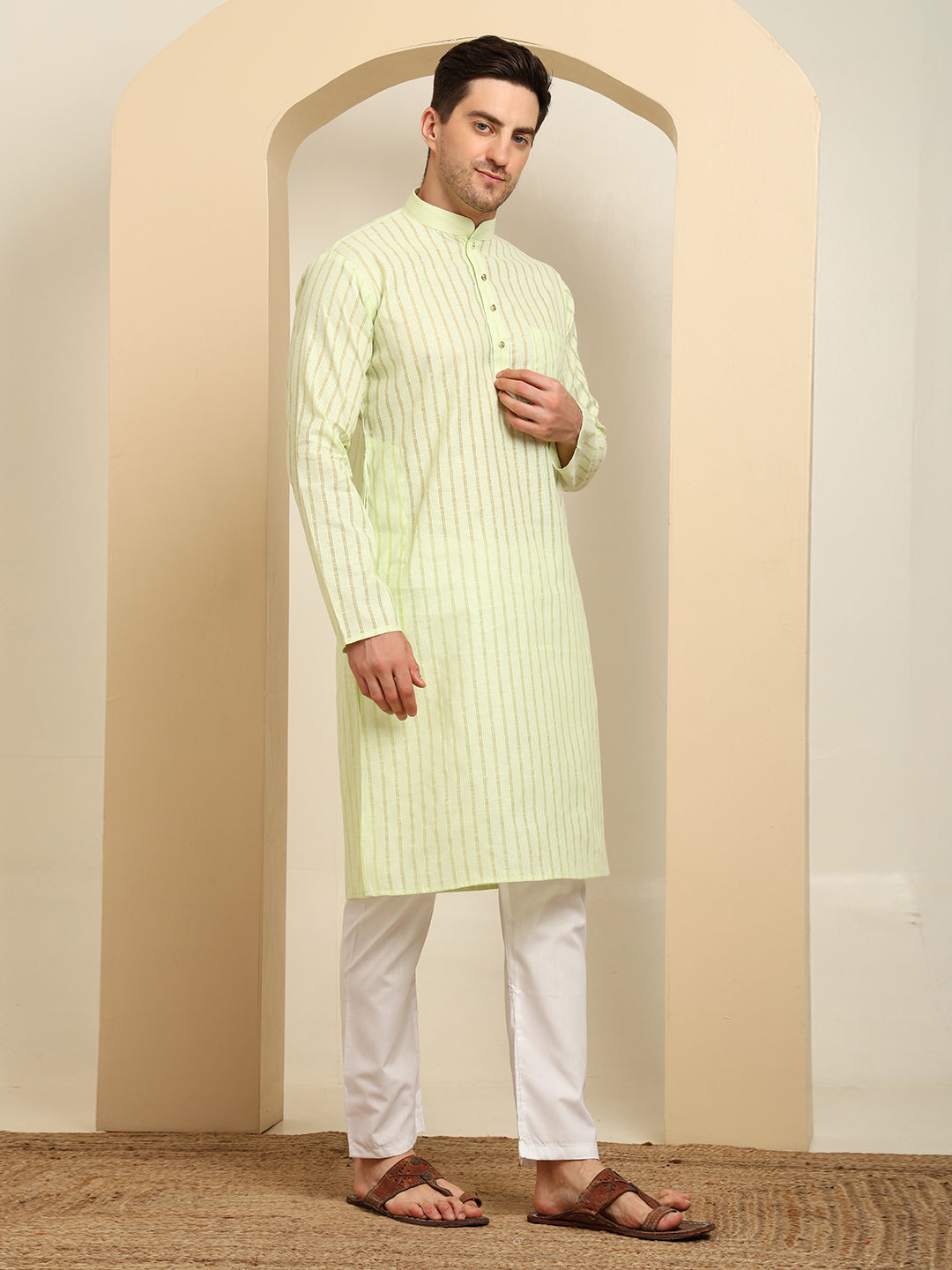 Green Striped Cotton Kurta with White Pajama – Classic Ethnic Wear Set