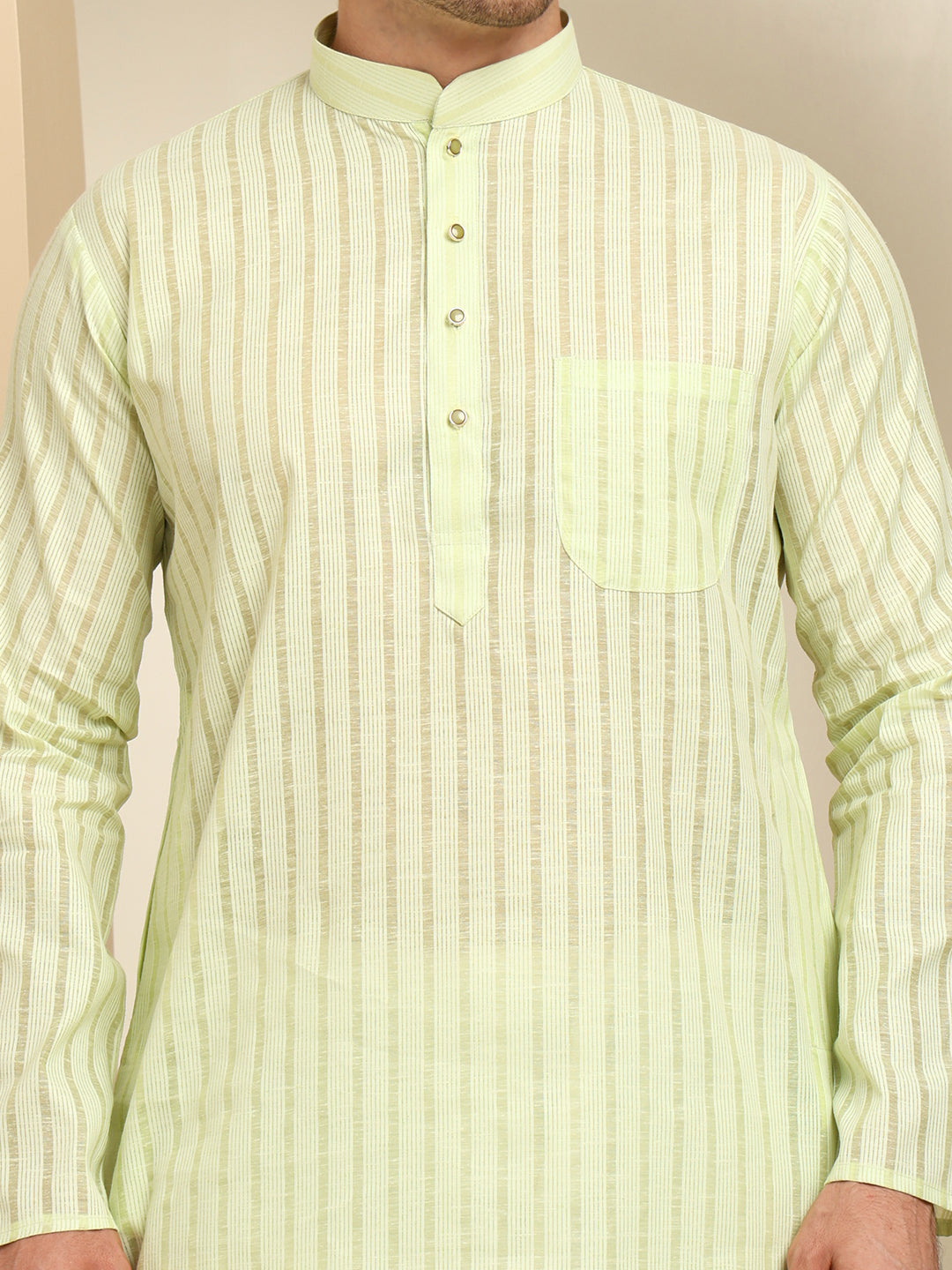 Green Striped Cotton Kurta with White Pajama – Classic Ethnic Wear Set