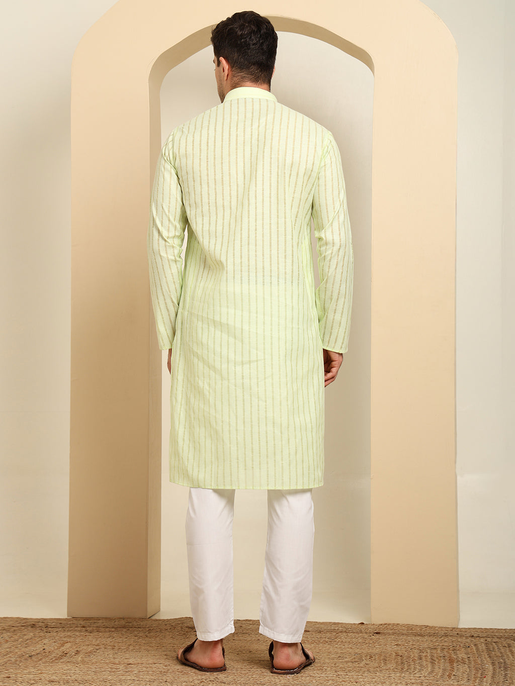 Green Striped Cotton Kurta with White Pajama – Classic Ethnic Wear Set