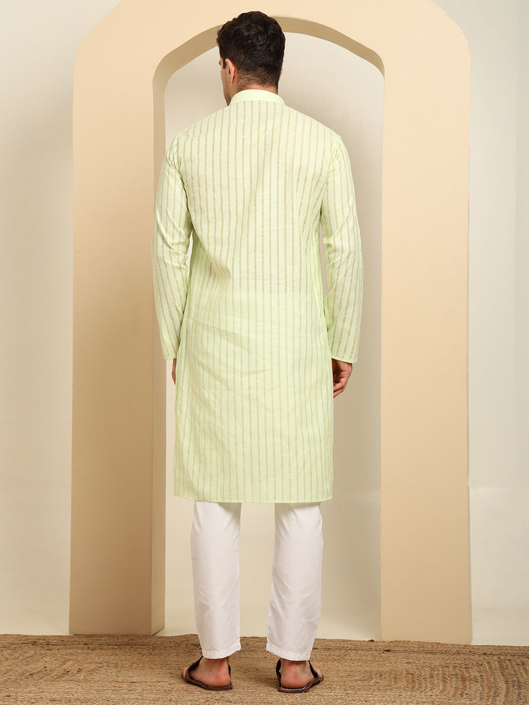 Green Striped Cotton Kurta with White Pajama – Classic Ethnic Wear Set