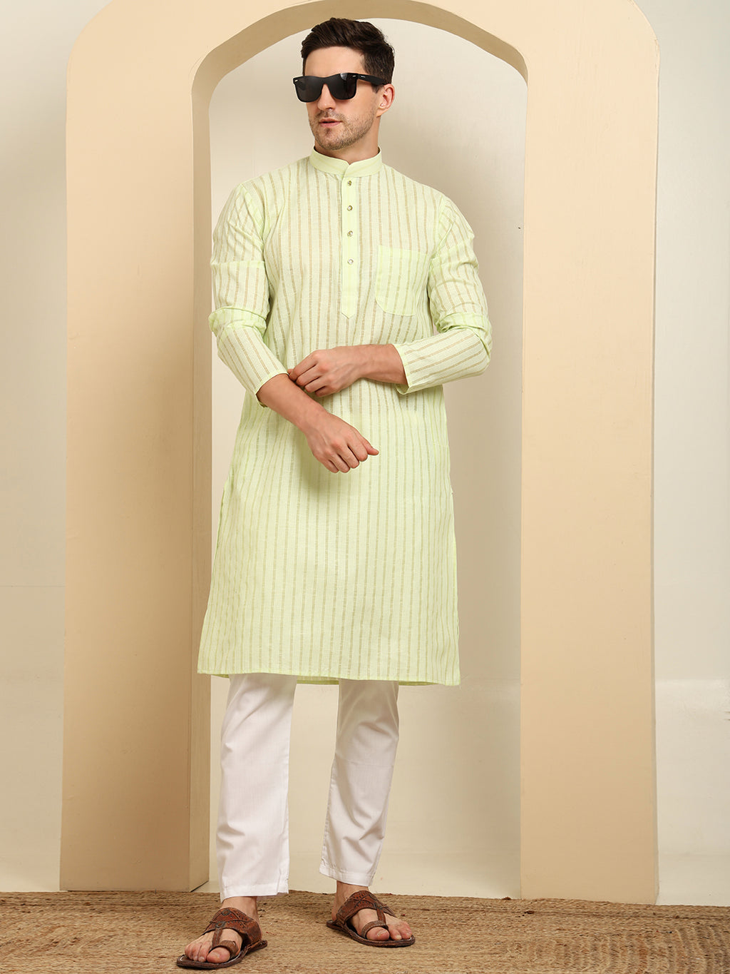 Green Striped Cotton Kurta with White Pajama – Classic Ethnic Wear Set