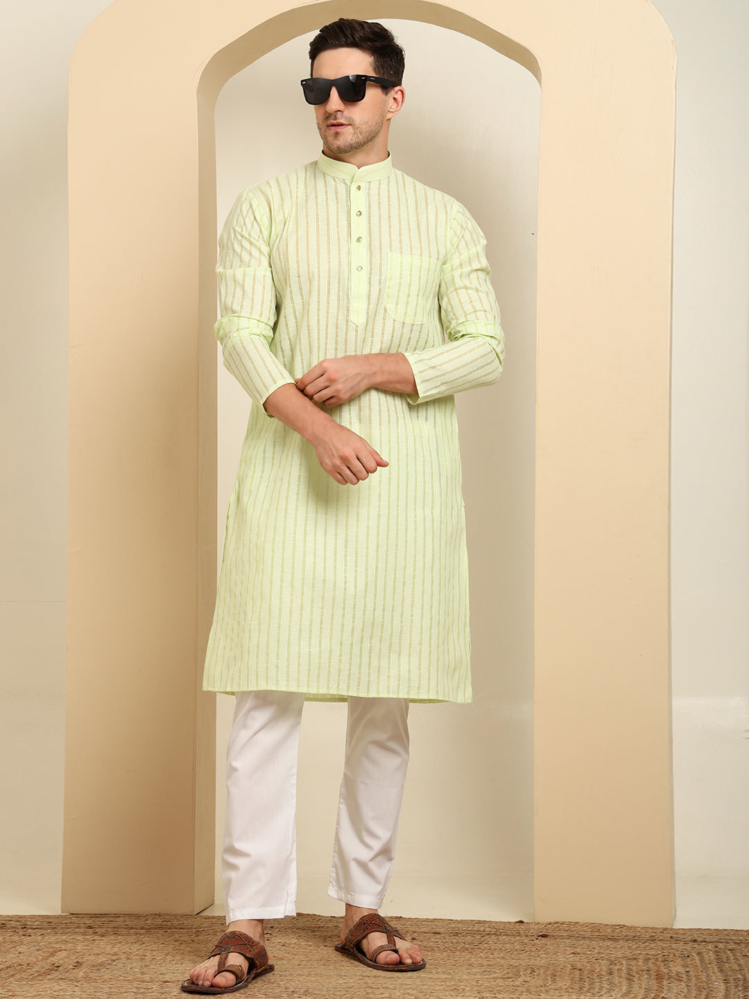 Green Striped Cotton Kurta with White Pajama – Classic Ethnic Wear Set