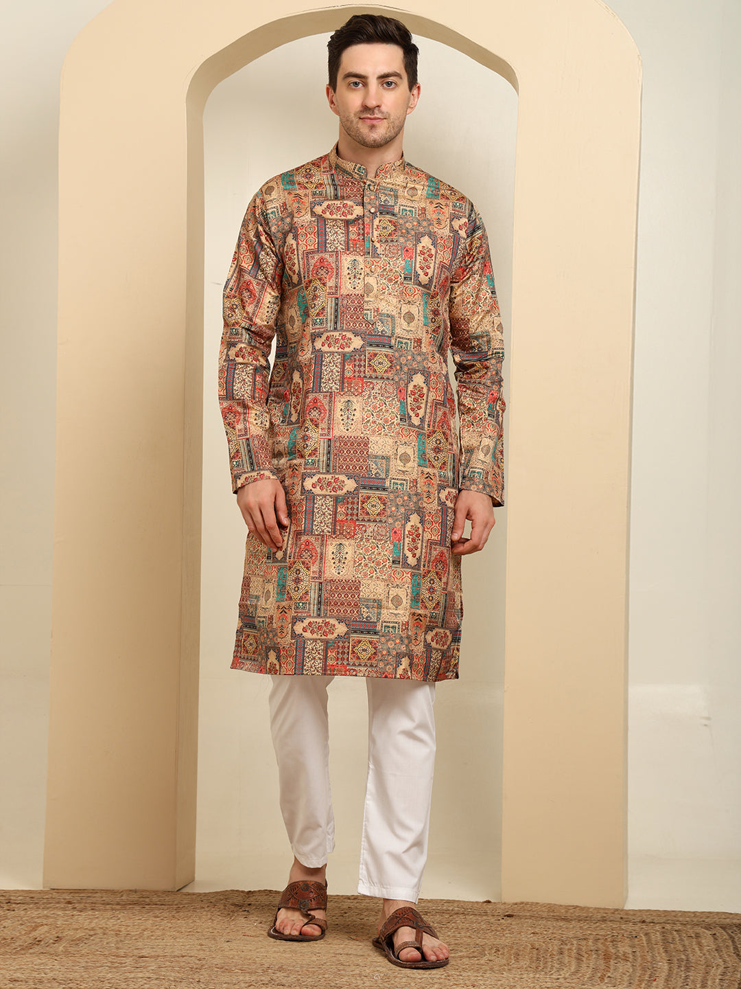 Rust Beige Printed Cotton Blend Kurta Pajama Set – Heritage Patchwork Design