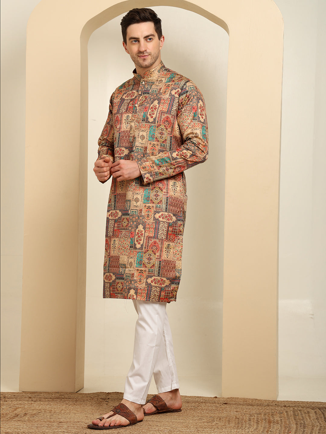 Rust Beige Printed Cotton Blend Kurta Pajama Set – Heritage Patchwork Design