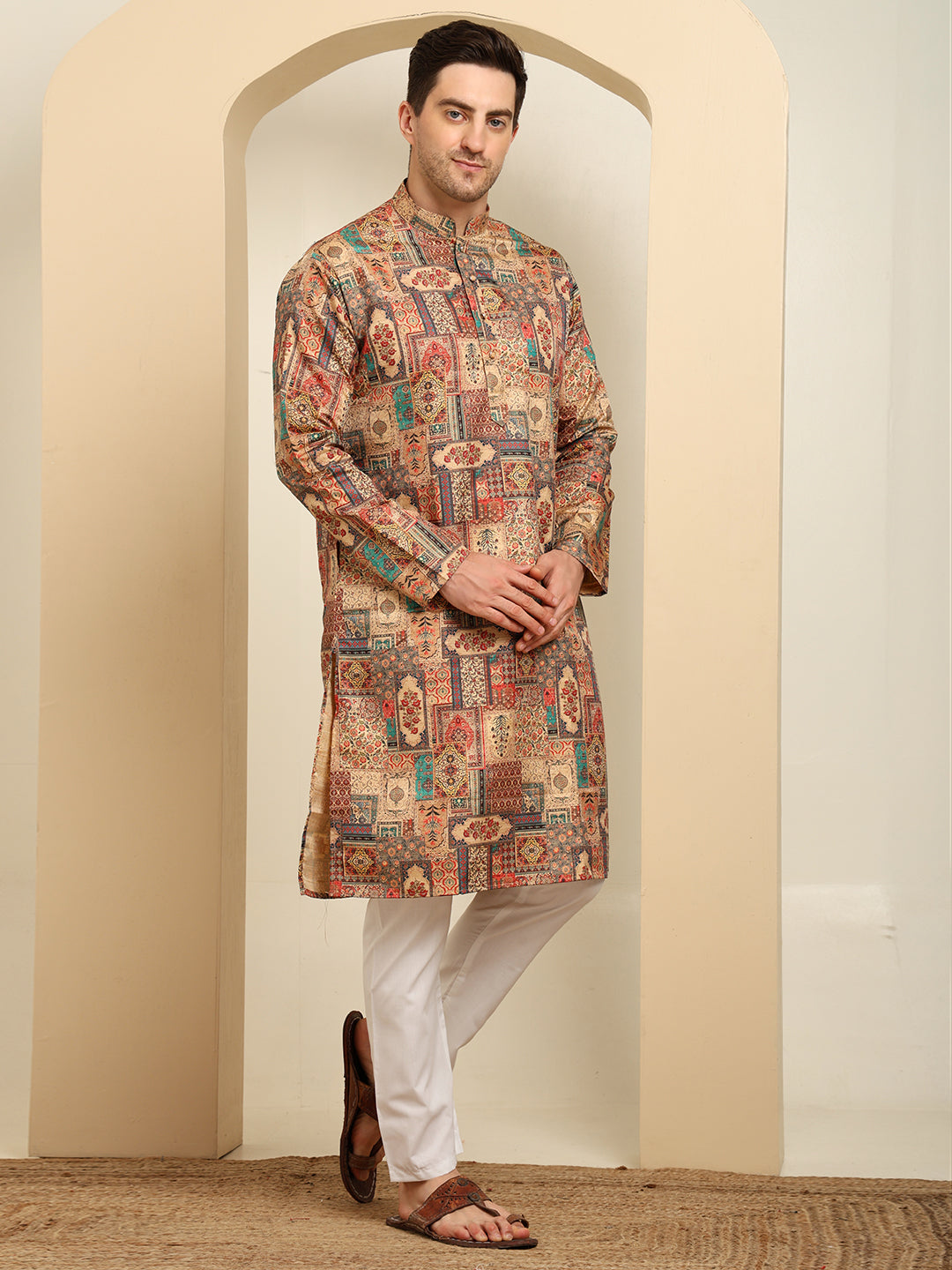 Rust Beige Printed Cotton Blend Kurta Pajama Set – Heritage Patchwork Design