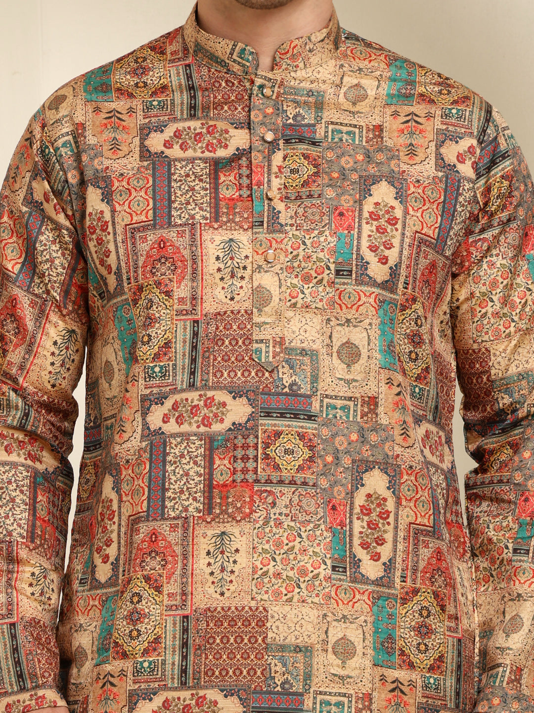 Rust Beige Printed Cotton Blend Kurta Pajama Set – Heritage Patchwork Design