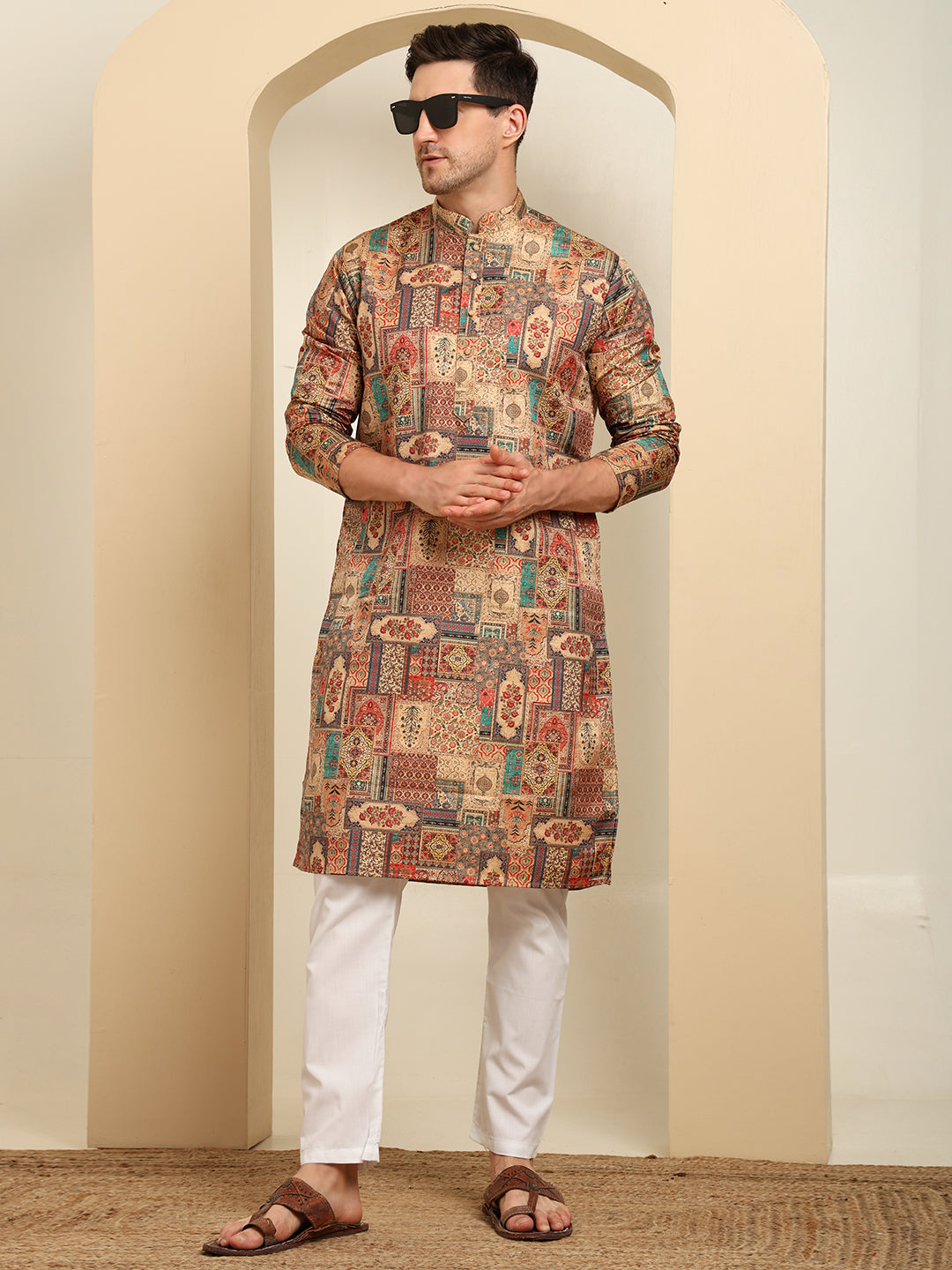Rust Beige Printed Cotton Blend Kurta Pajama Set – Heritage Patchwork Design