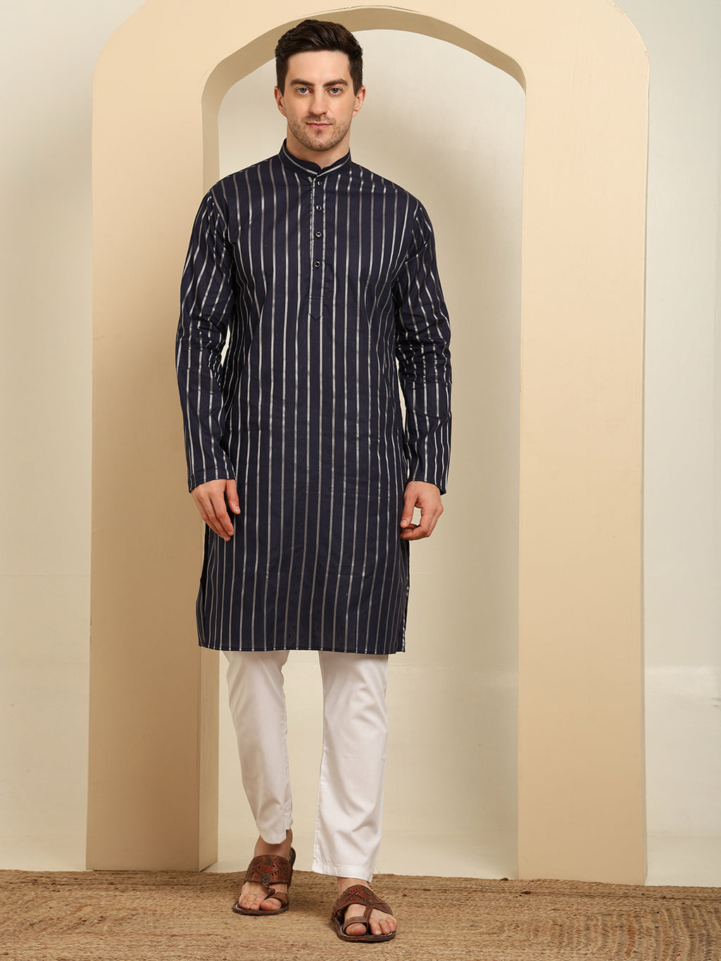 Navy Blue Striped Cotton Blend Kurta Pajama Set – Classic Ethnic Elegance