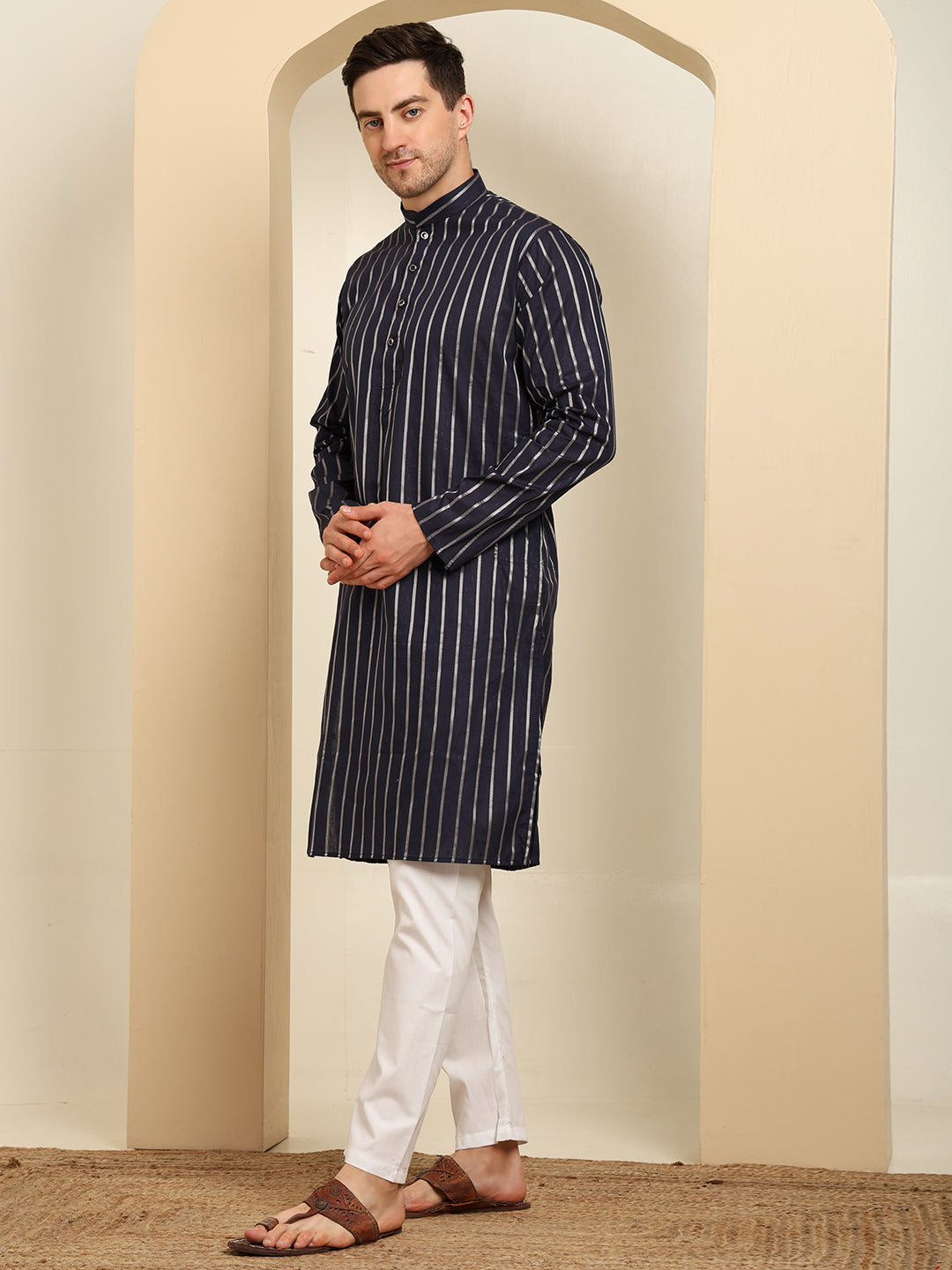 Navy Blue Striped Cotton Blend Kurta Pajama Set – Classic Ethnic Elegance