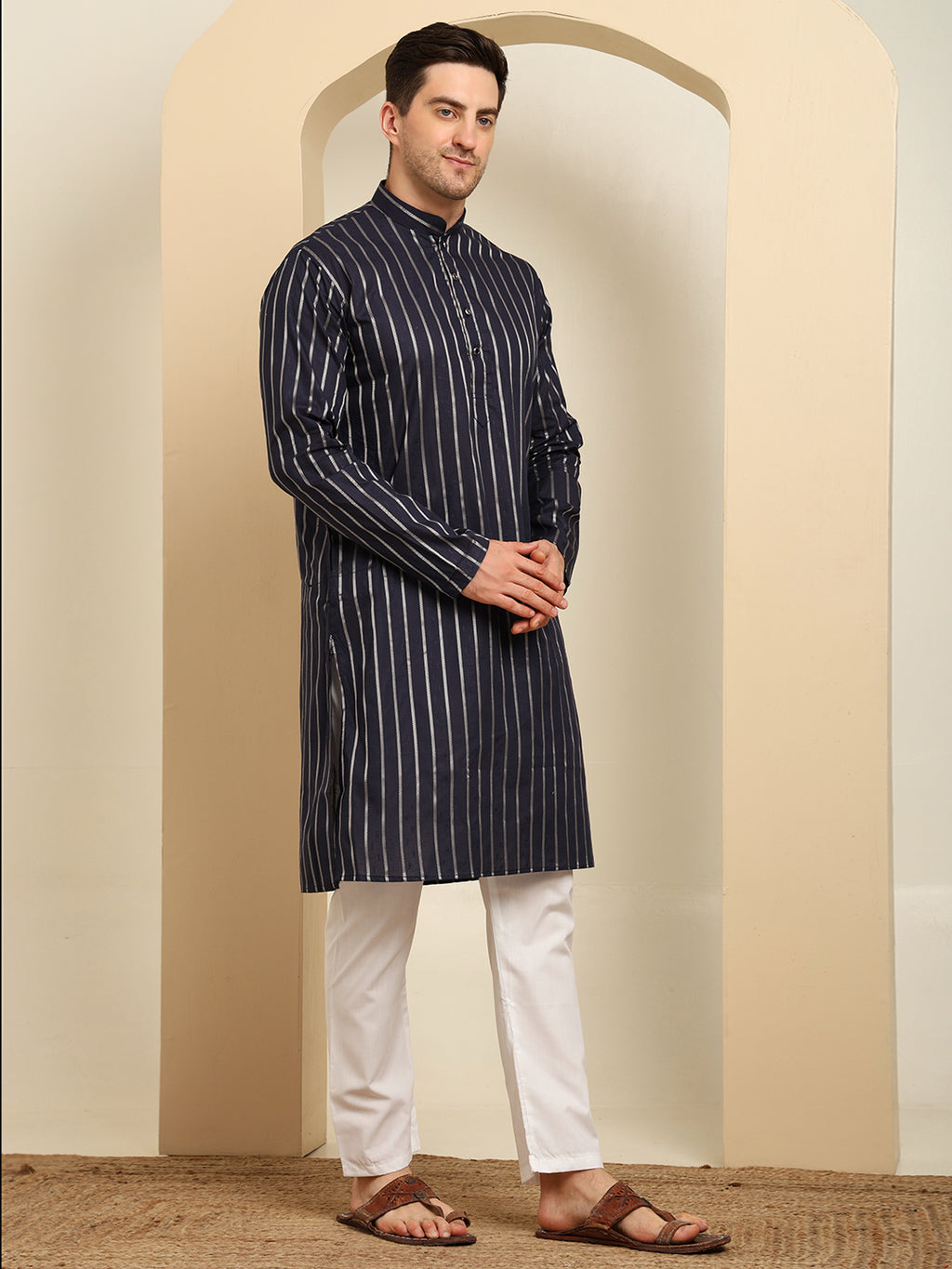 Navy Blue Striped Cotton Blend Kurta Pajama Set – Classic Ethnic Elegance