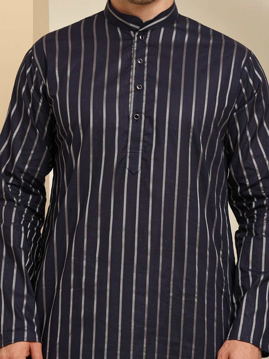 Navy Blue Striped Cotton Blend Kurta Pajama Set – Classic Ethnic Elegance