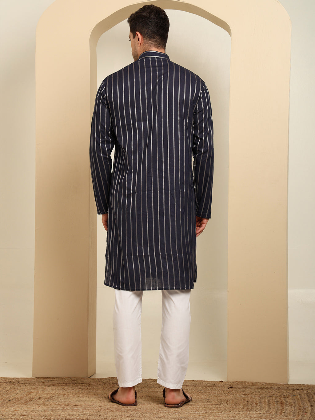 Navy Blue Striped Cotton Blend Kurta Pajama Set – Classic Ethnic Elegance