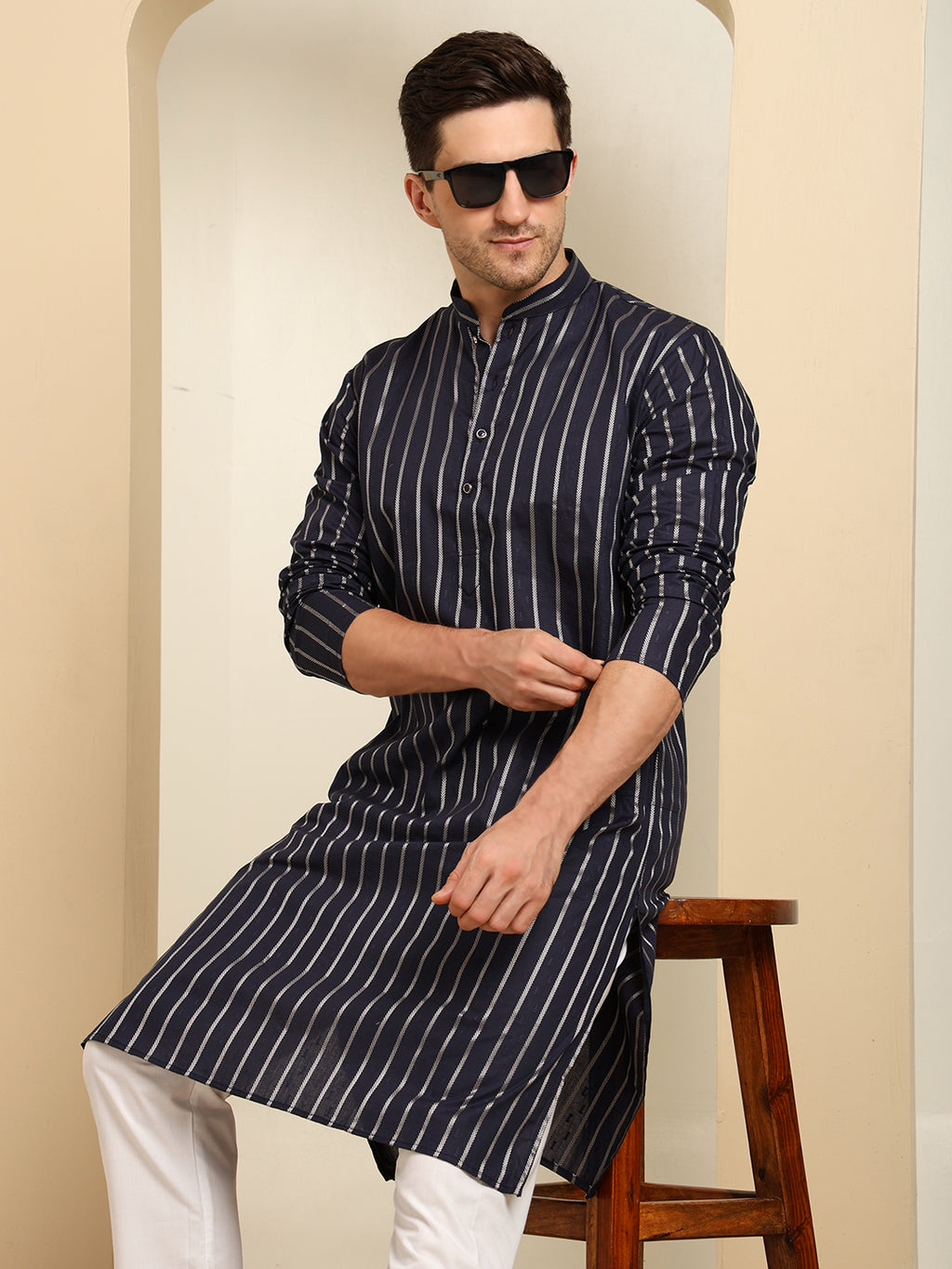 Navy Blue Striped Cotton Blend Kurta Pajama Set – Classic Ethnic Elegance
