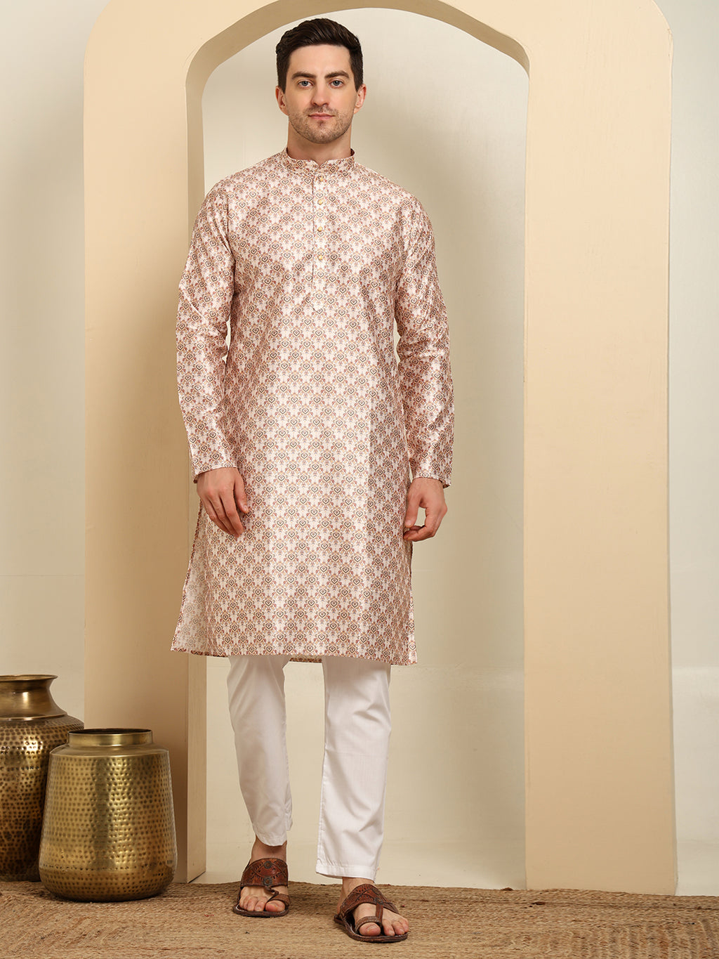 Royal Silk Art Printed Kurta with White Pajama – Festive & Wedding Ethnic Wear Set