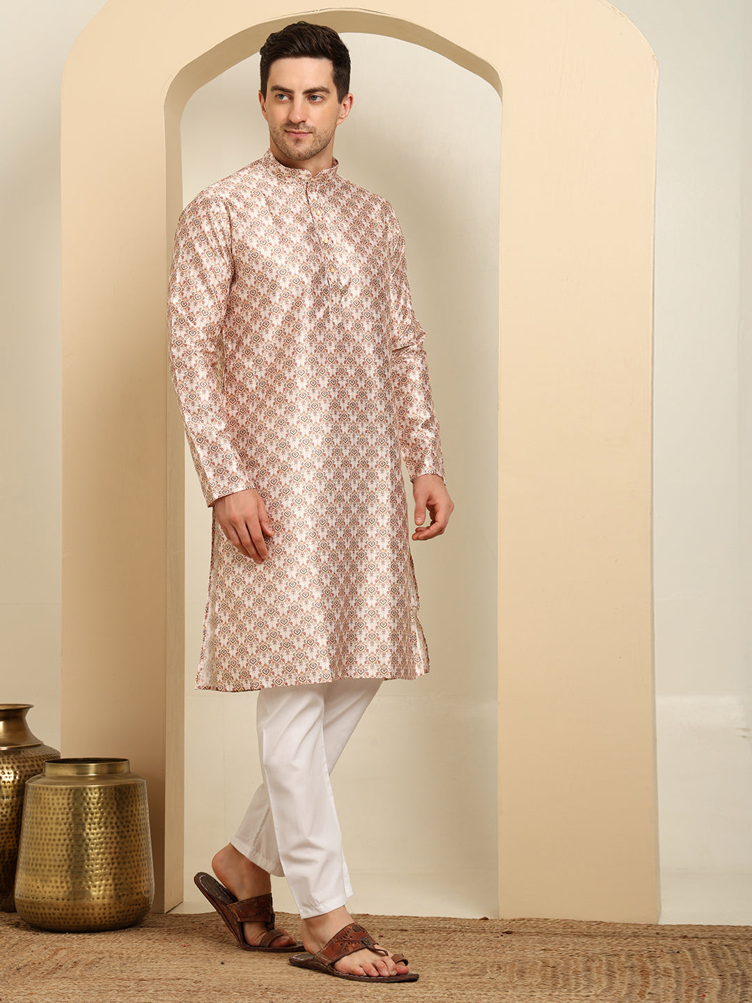 Royal Silk Art Printed Kurta with White Pajama – Festive & Wedding Ethnic Wear Set