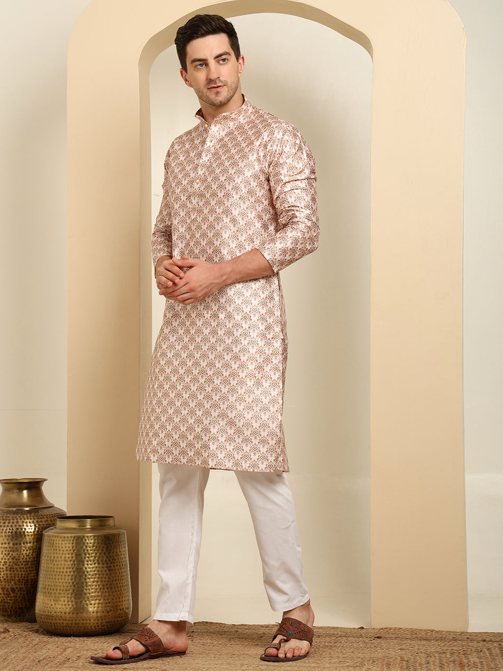 Royal Silk Art Printed Kurta with White Pajama – Festive & Wedding Ethnic Wear Set