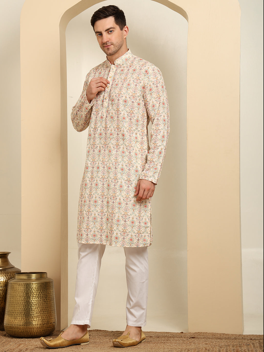 Cream Printed Kurta with White Pajama – Traditional Ethnic Set