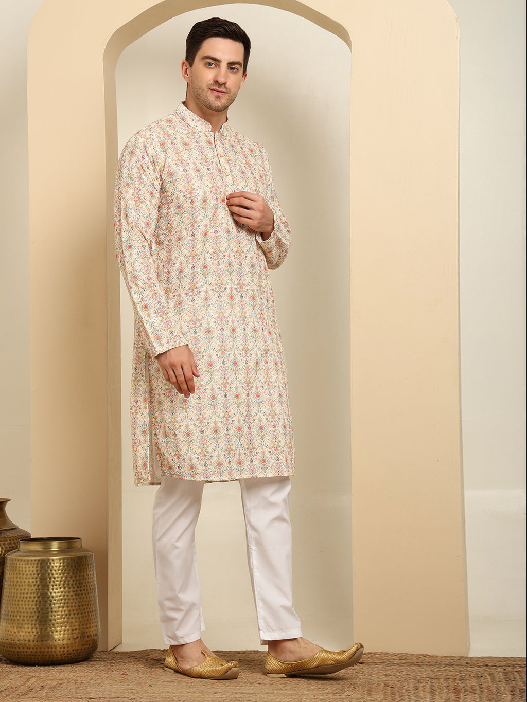Cream Printed Kurta with White Pajama – Traditional Ethnic Set