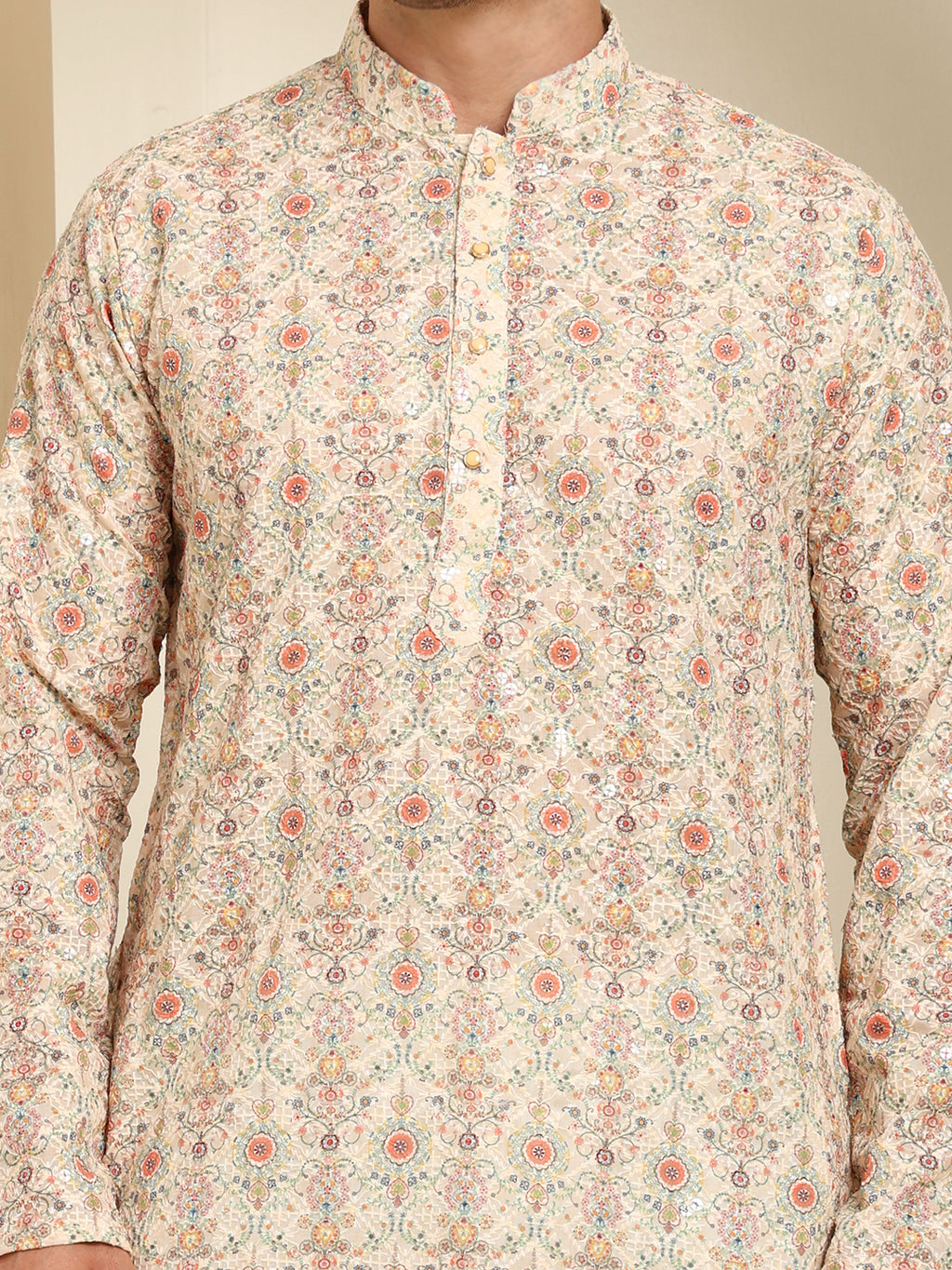 Cream Printed Kurta with White Pajama – Traditional Ethnic Set