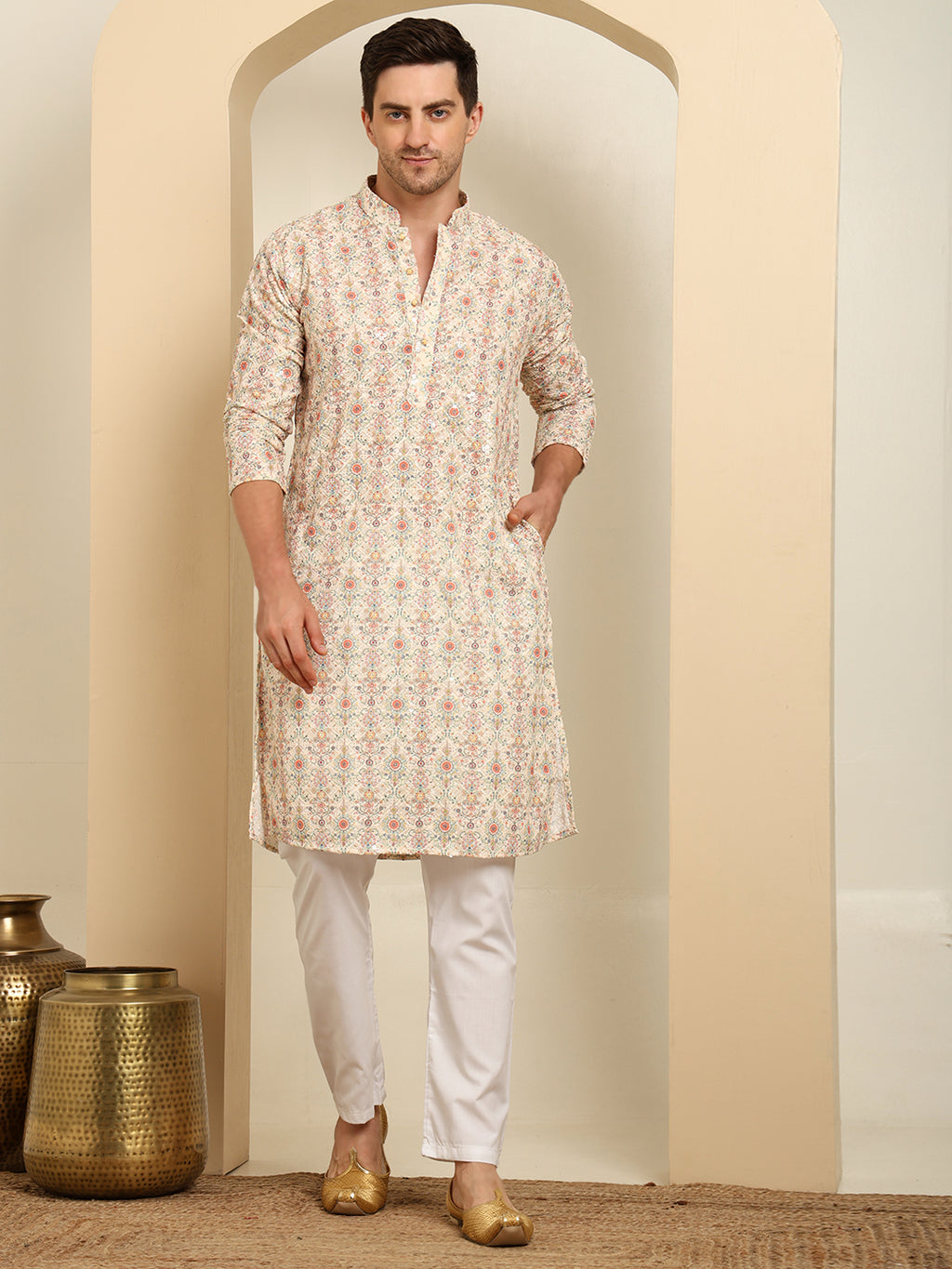 Cream Printed Kurta with White Pajama – Traditional Ethnic Set