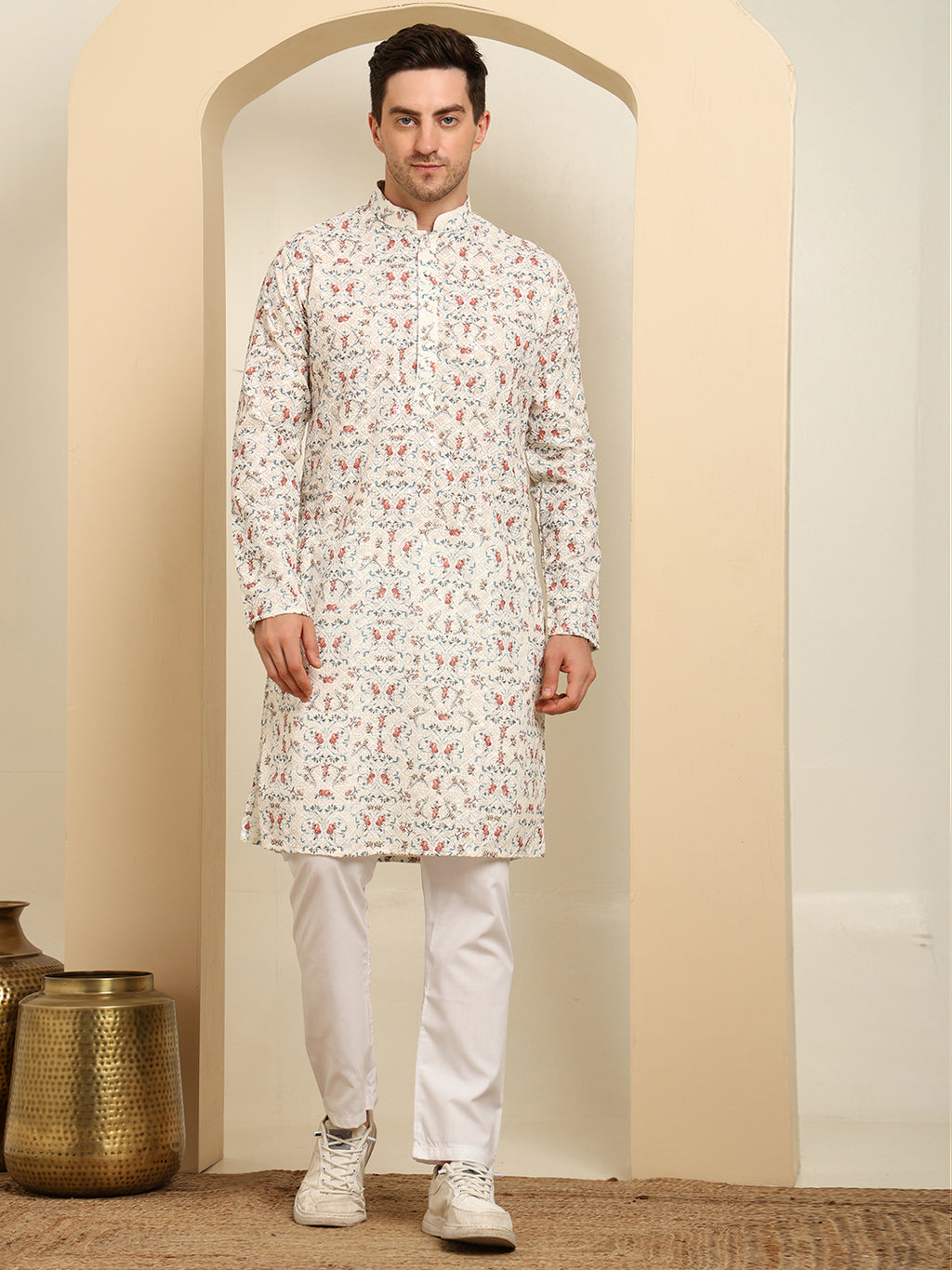 Chikankari Printed White Color Kurta Set – Men's Traditional Ethnic