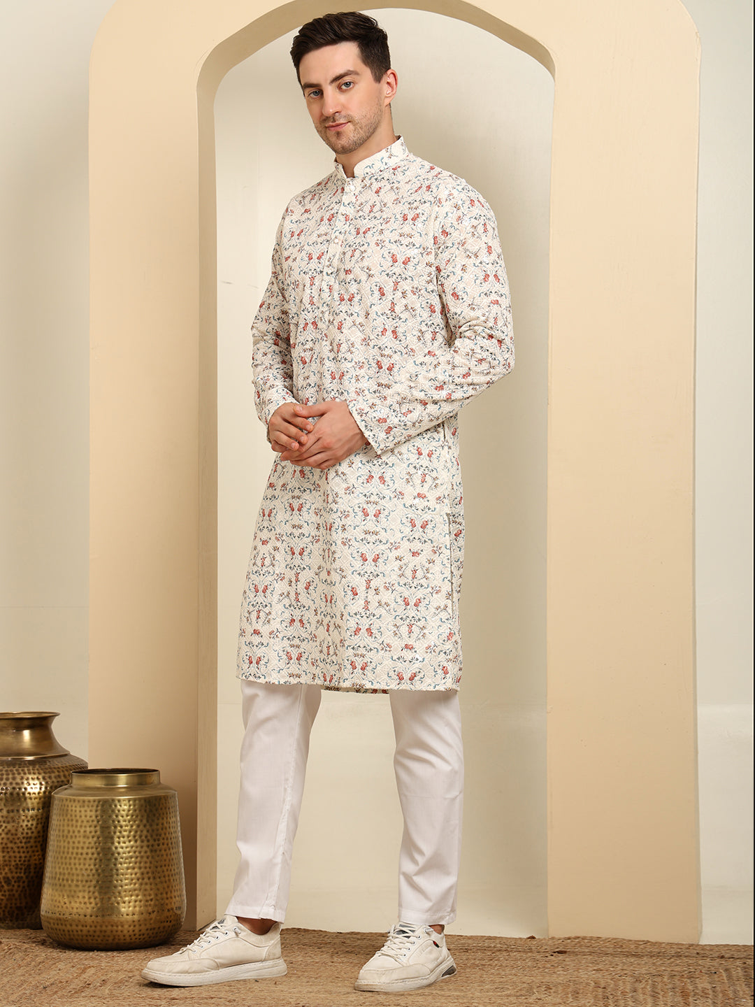 Chikankari Printed White Color Kurta Set – Men's Traditional Ethnic