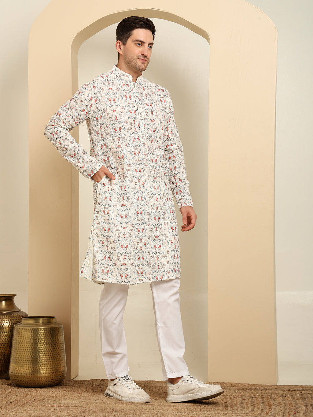 Chikankari Printed White Color Kurta Set – Men's Traditional Ethnic