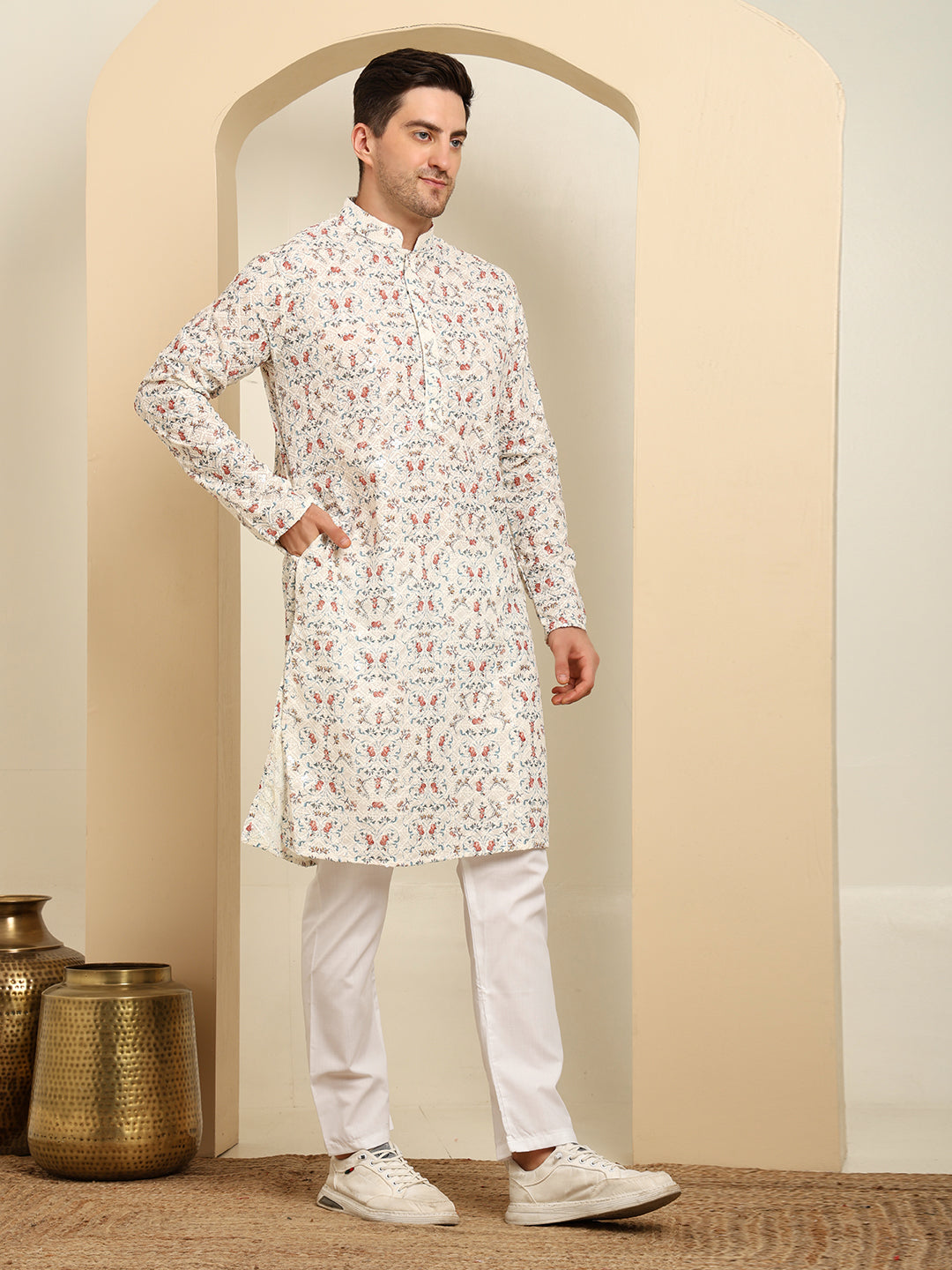 Chikankari Printed White Color Kurta Set – Men's Traditional Ethnic