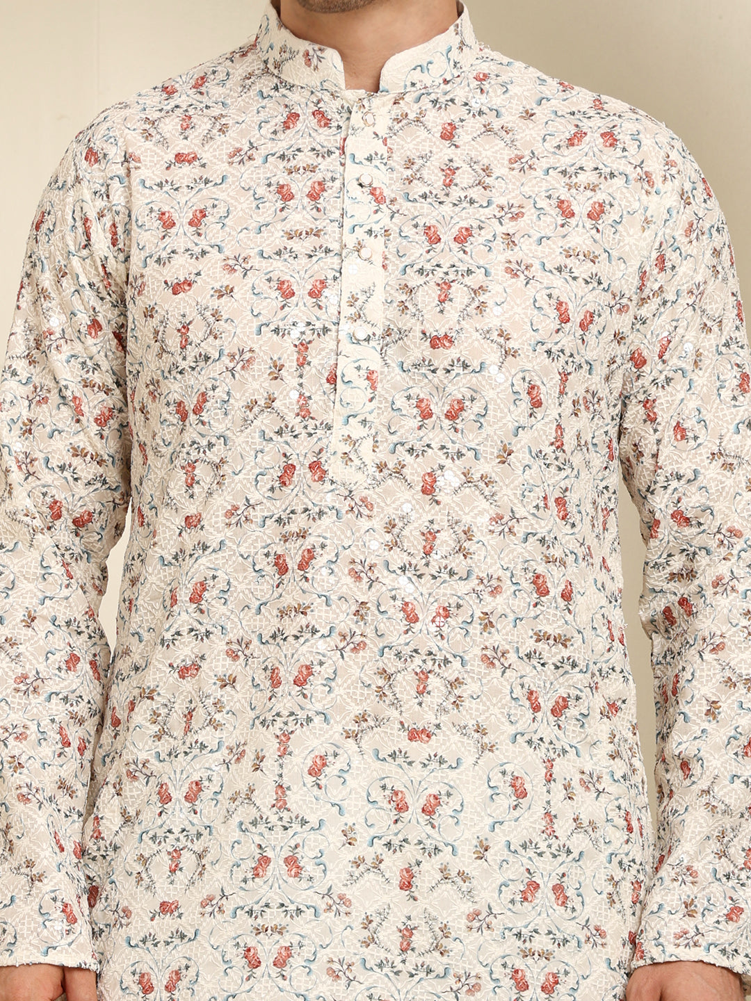 Chikankari Printed White Color Kurta Set – Men's Traditional Ethnic